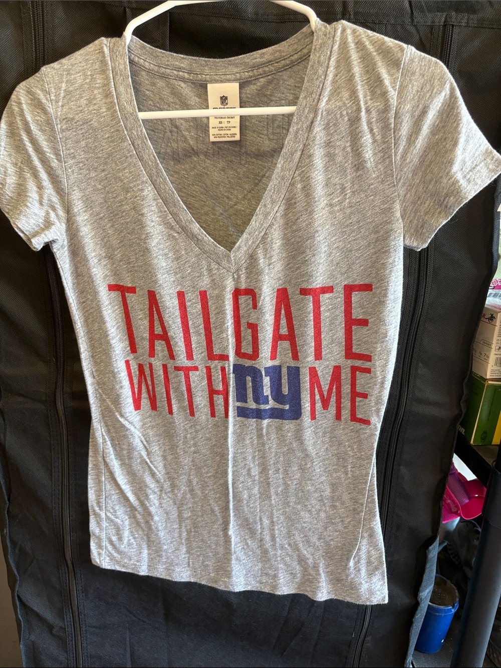 PINK Victoria's Secret Gray V-Neck Tee with Red and Blue Print